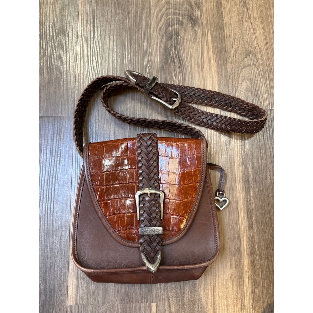 Brighton Crossbody Bag Womens Medium Brown Leather Croc Embossed Braided Strap